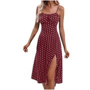 Birdeem Dresses for Women Ladies Summer Fashion Sexy Hanging Strap Split Printed Round Neck Dress