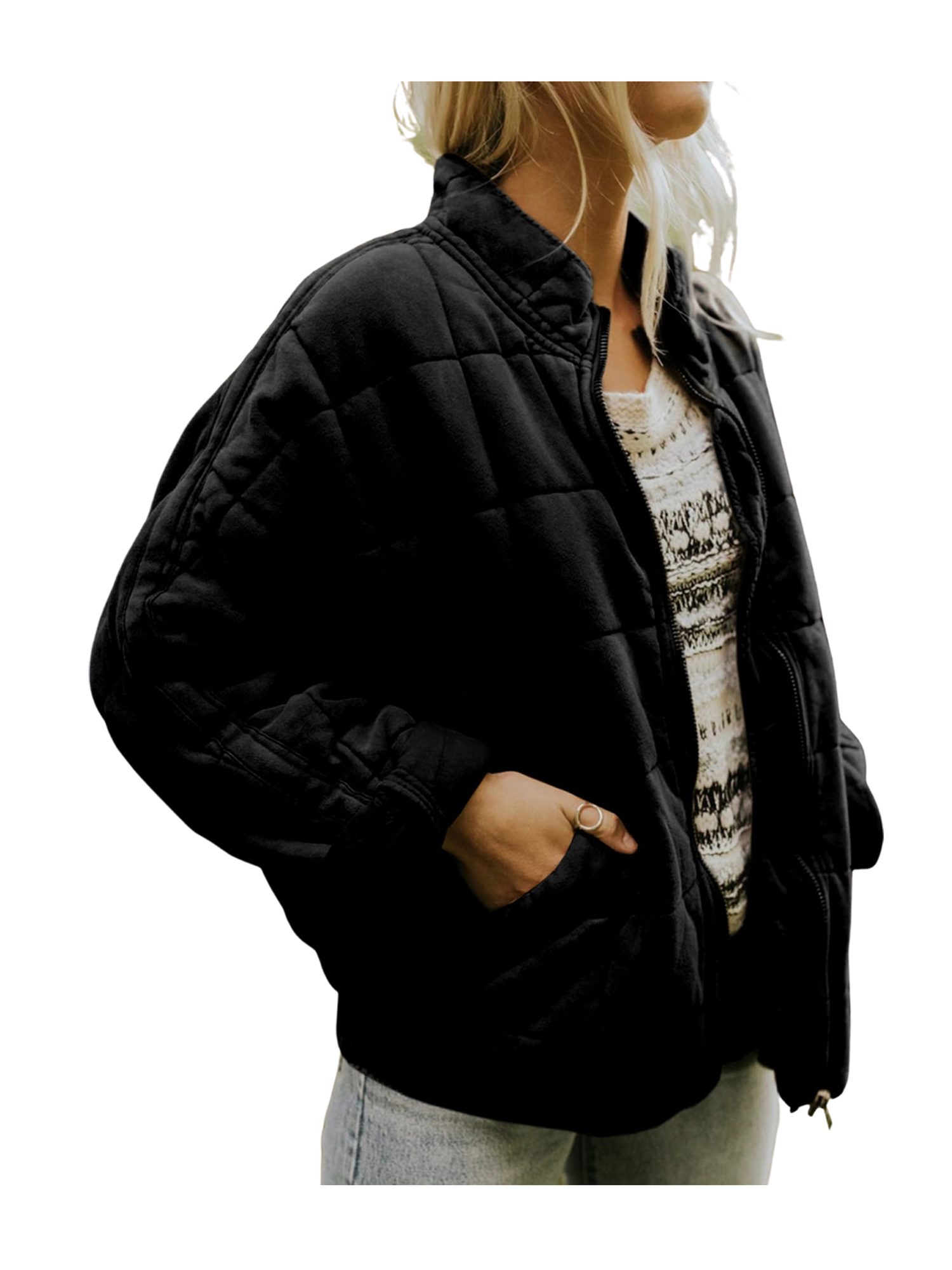 Kmbangi Women Stand Collar Long Sleeve Solid Color Full Zip Quilted Jackets