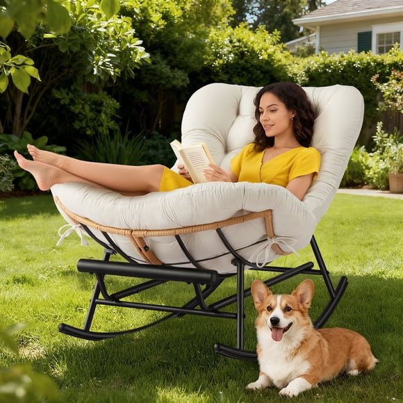 Oversized Papasan Rocking Ottoman Chair – Extendable Footrest, Thick Flannel Cushion, Indoor/Outdoor Egg Style, Sturdy Metal & PE Rattan Frame – Perfect for Living Room, Bedroom, Porch, Garden, Lawn