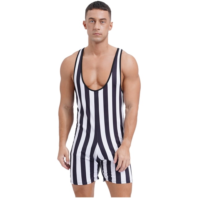 Zaldita Men's Striped Sleeveless Boxer Shorts Leotard Deep U Neck Racerback Slim Fit Rompers Black XL