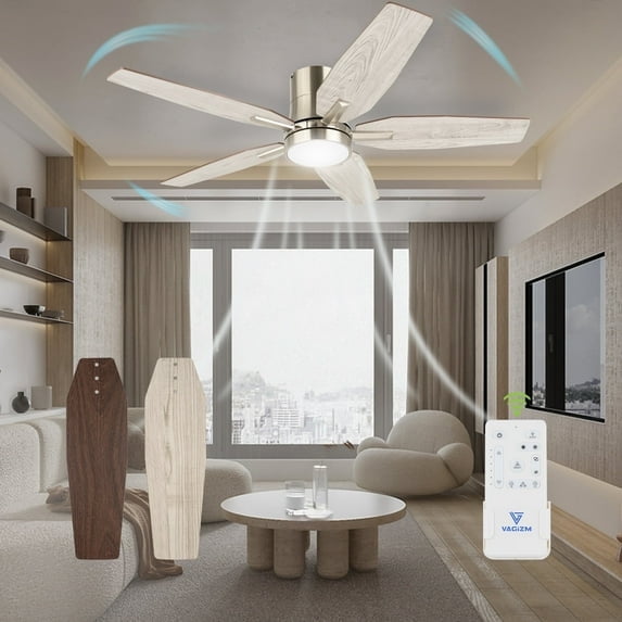 VAGIZM 52 Inch Flush Mount Ceiling Fan with Light - 5 Blades Ceiling Fan for Living Room and Bedroom - 5000 CFM - Quiet DC Motor - Dimmable - Reversible Function - Light Wood Tone