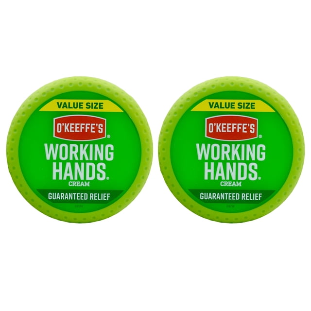 O'Keeffe's Working Hands Hand Cream Format Économique, Pot de 6,8 Onces, (Lot de 2). l'Image Montre Deux Pots Verts de O'Keeffe's Working Hands Cream avec des Étiquettes « Soulagement Garanti » et « Format Économique » Bien en Vedette. Conçue pour Guérir, Soulager et Réparer les Mains Extrêmement Sèches et Gercées, Cette Crème pour les Mains Concentrée Est Cliniquement Prouvée pour Augmenter les Niveaux d'Hydratation et Créer une Couche Protectrice sur la Peau. Convient à un Usage Quotidien