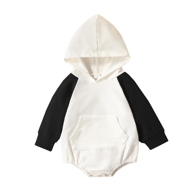 Birdeem Autumn Spring Baby Girls Boys Cute Romper, a long sleeve hooded jumpsuit with black sleeves, a white hood, and a front pocket. Made of soft cotton blend material, this baby bodysuit features durable bottom snaps for easy diaper changes. Ideal for baby girl clothing, ages 0-24 months, and suitable for casual or special occasions.