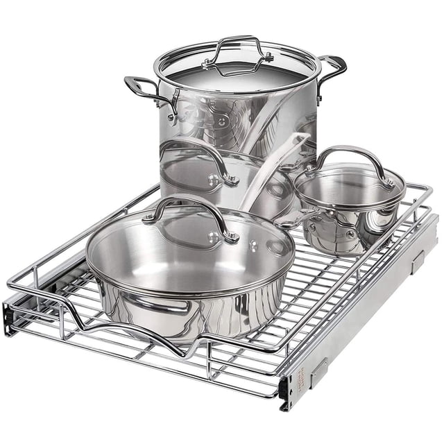 Hold N' Storage Pull Out Cabinet Organizer Sliding Drawer Kitchen Storage 14”W x 21”D front-facing, fully extended metal pull-out shelf with heavy wire construction and matte silver finish on ball-bearing slides; low-profile 3.15”H wire basket with squared frame and visible mounting rails inside a white cabinet to show full extension and fit, often used for organizing cans, jars or under-sink cleaning supplies.