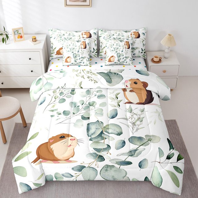 YST Cartoon Guinea Pig Twin Comforter Set 7 Pieces Pet Animal Bedding Comforter Sets, Spring Plant Bed in a Bag Eucalyptus Leaf Bedding Set, Hamster Mouse Theme Bed Sheets Set Kids Room Decor
