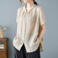 thumbnail image 2 of Timegard Hauts pour Femmes en Coton et Lin Col Montant Froncé Manches Courtes Blouse Boutonnée Décontractée Ample Hauts, 2 of 6