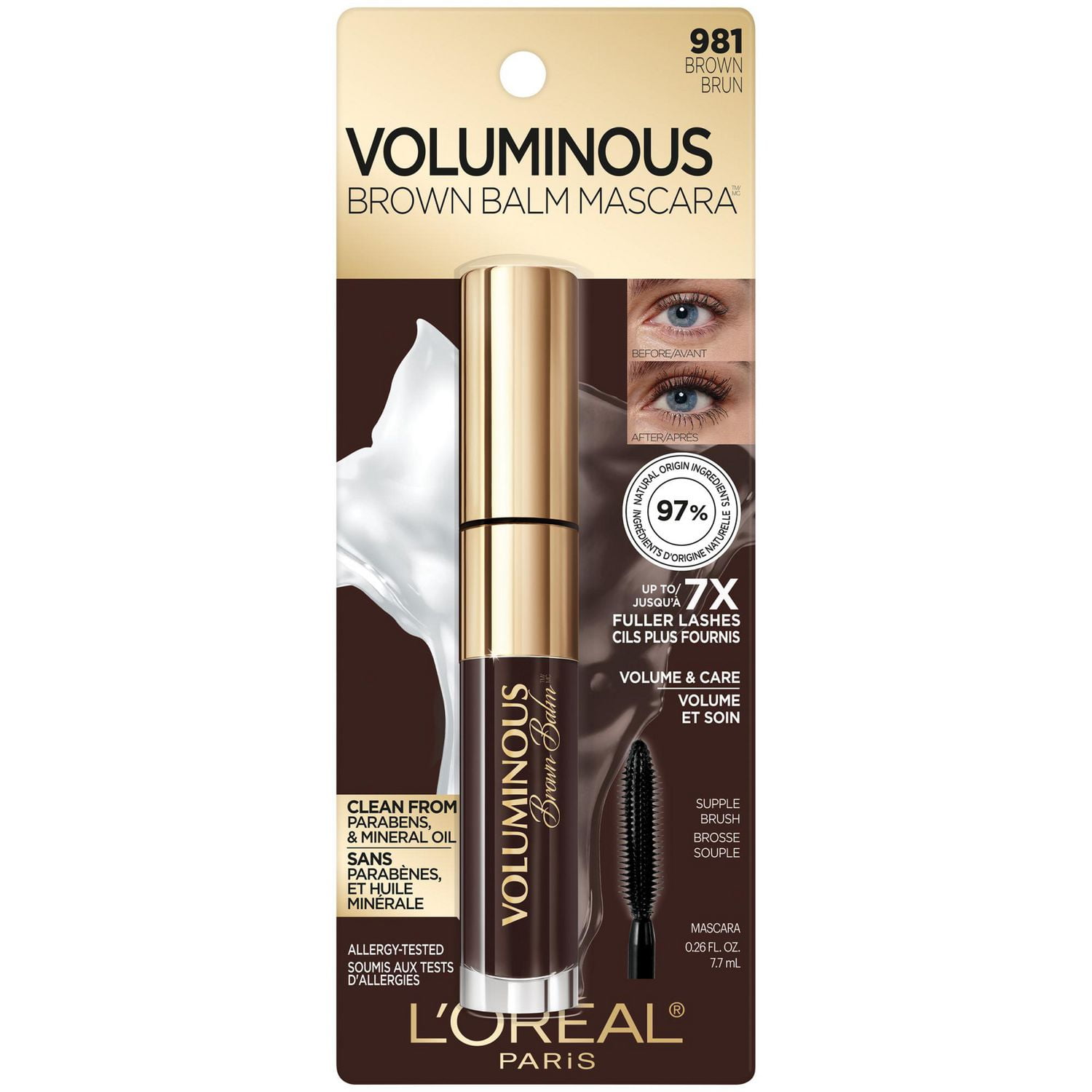 L'Oréal Paris Mascara Voluminous Noir Balm, Volumisant, Soignant, Volume Défini Instantané, Noir, 0.26 fl. oz.