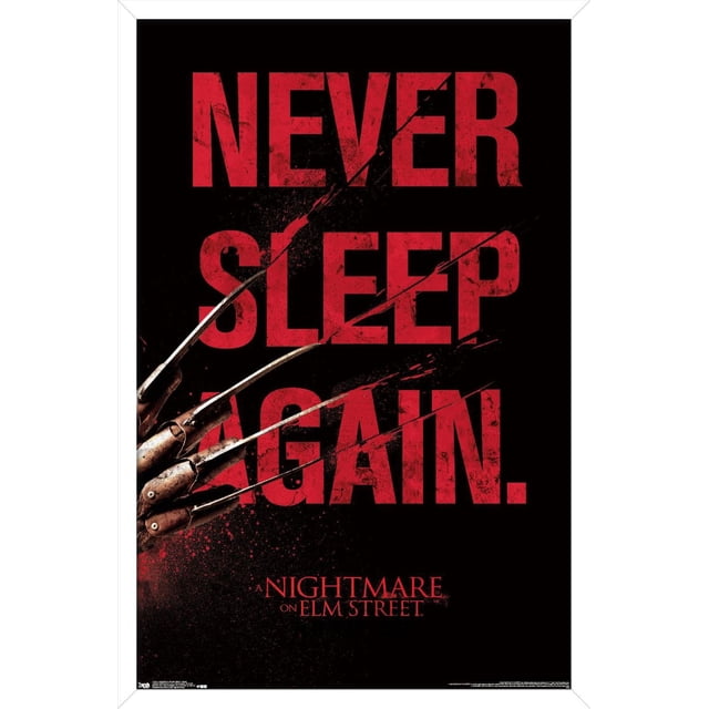 Un Cauchemar sur Elm Street - Affiche Murale de Sommeil, 22,375 Pouces x 34 Pouces Encadrée, avec Texte Rouge Audacieux et Usé « Ne Jamais Dormir de Nouveau. » sur Fond Noir et Gant Griffe en Métal de Freddy Krueger Tranchant les Lettres, art Mural à Thème Horreur Idéal pour la Déco de la Maison.