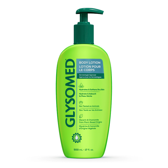 Glysomed® Lotion pour le Corps à l'Aloe Vera en Bouteille Pompe en Plastique Verte de 500 ml avec Dessus à Pompe Vert Foncé, avec Texte Bilingue Anglais et Français Indiquant l'Approbation des Dermatologues, Hydratation et Adoucissement de la Peau Sèche, Sans Cruauté, et Ingrédients à Base de Glycérine et de Camomille pour les Soins du Corps.