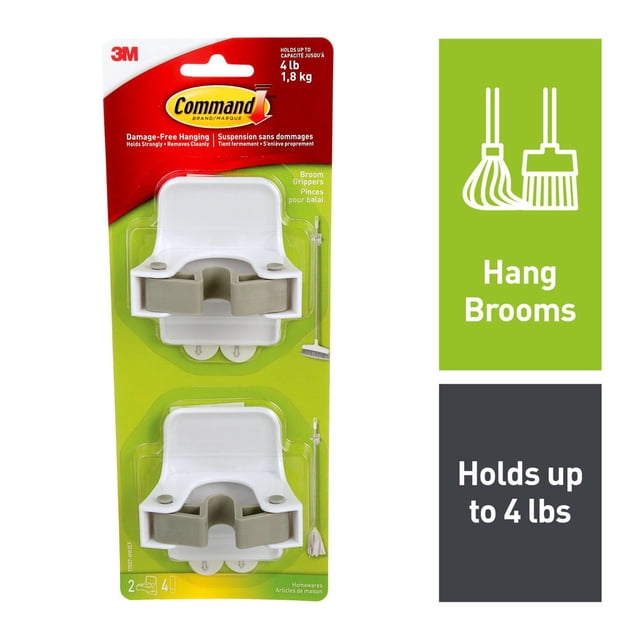 Command™ Balai Préhenseur 17007-HW2EF, Intérieur, Deux Pinces à Balai en Plastique Blanches et Grises sur Emballage de Vente au Détail avec Marque 3 m, Conçues pour Suspendre et Tenir les Balais jusqu'à 4 Lb Sans Dommages, Idéales pour Organiser les Outils de Nettoyage dans les Garde-Robes Ou les Vestiaires, Comprend Deux Pinces avec Bandes Adhésives pour une application et un Retrait Faciles.