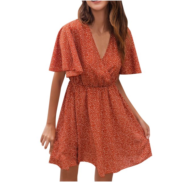 SMihono Robe d'Été Grande Taille pour Femmes 2023 Mode Imprimée Décontractée Printemps et Été Col en V Manches Courtes Longueur Genou
