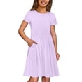 thumbnail image 1 of Robe Décontractée Unie à Col Rond et Manches Courtes pour Filles avec Poche - Confortable pour 3 à 12 Ans, Tenue Polyvalente Printemps/été, 1 of 7