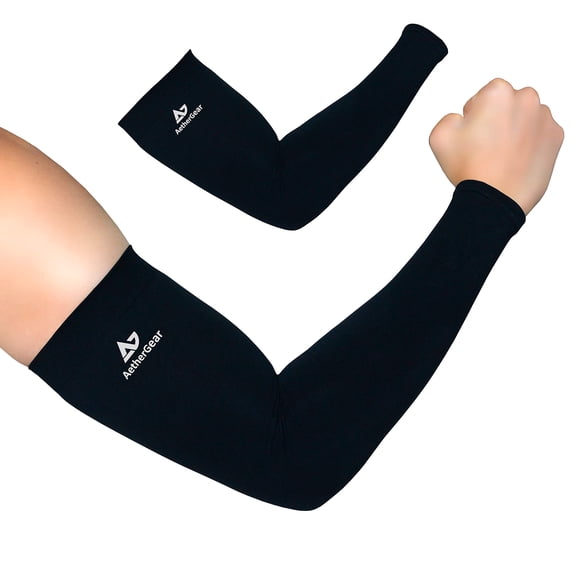 AetherGear Manchon de Compression pour Bras (Lot de 2) - Hommes et Femmes pour Basketball, Volleyball, Tennis, Golf, Baseball, Protection UV (Noir)
