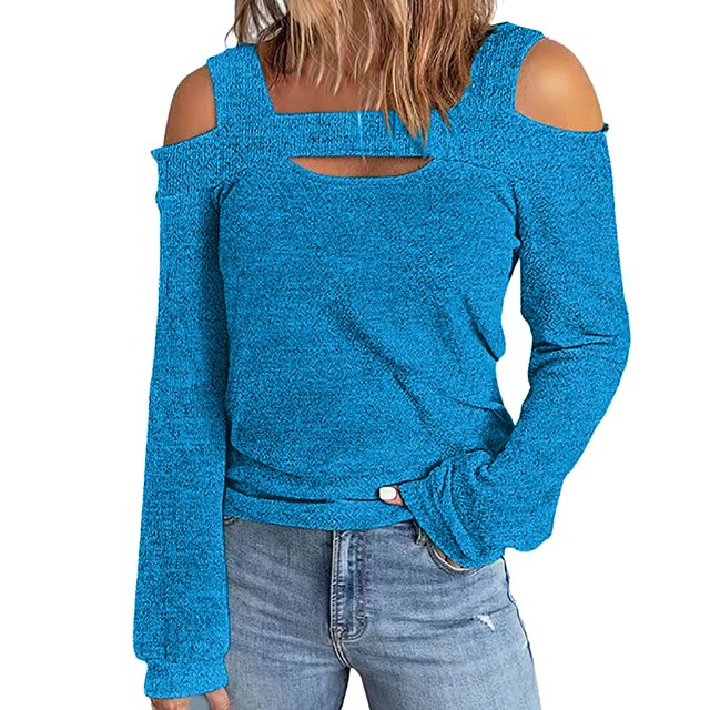 Pisexur Crewneck Shirts for Women Solid Color Off-shoulder Patchwork Tunic Tops Halter-Neck Long Sleeve Compression Shirts Athletic Tight Workout Top