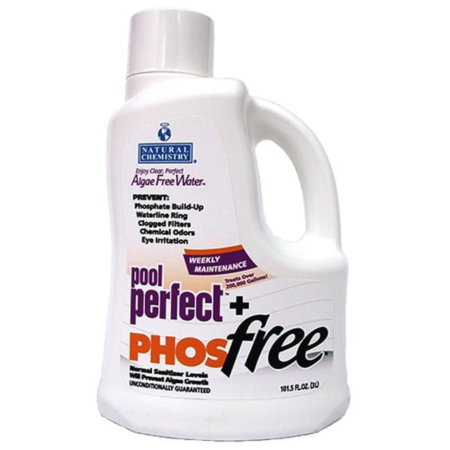 Natural Chemistry 05131 Pool Perfect Concentrate And Phos Free Pool Cleaner, 3-litre bottle. The white container features a handle and a purple and orange label with text highlighting its benefits, including phosphate removal, waterline cleaning, and reduced chemical odours. Designed for weekly maintenance, it combines Pool Perfect and PHOSfree for clear, soft, and silky water. Dimensions: 7 x 4.75 x 11 inches.