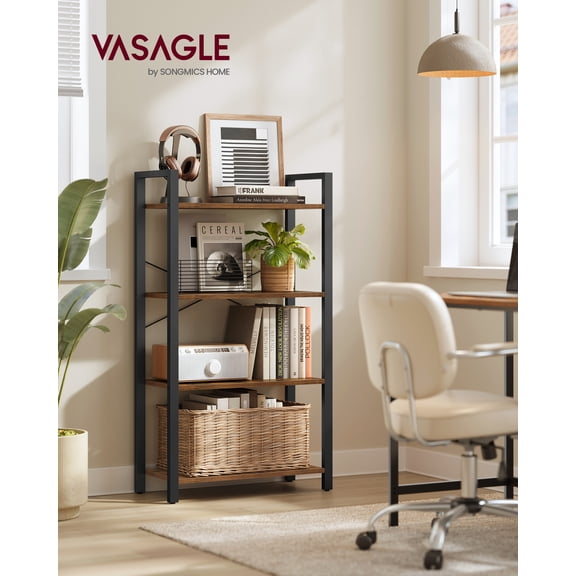 VASAGLE 4-Tier Tall Bookshelf, Bookcase with Steel Frame, Book Shelf for Living Room, Home Office, Study, 11.8 x 25.9 x 47.2 Inches, Industrial Style, Rustic Brown and Black ULLS60BX