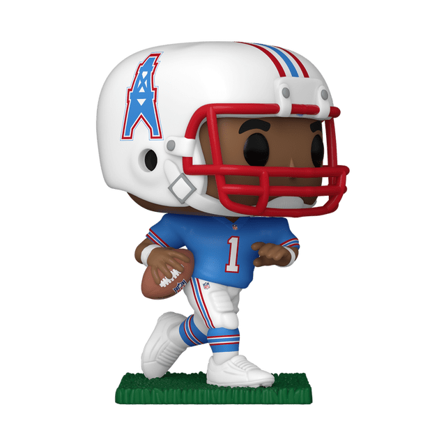 Funko Pop! NFL: Houston Oilers - Warren Moon Figurine en Vinyle Montrant un Joueur de football en Vinyle Stylisé avec un Chandail Numéro 1 Bleu, un Pantalon Blanc avec des Rayures Bleues et Rouges, et un Casque Blanc avec le logo des Houston Oilers. la Figurine Tient un Ballon de football en pose de Course sur une base Verte, Idéale pour les Collectionneurs.