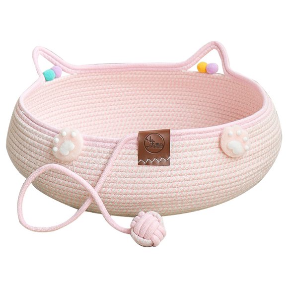 Panier-lit pour Chat, avec Coussin et Jouet Balle Suspendue, Panier-Lit pour Chat en Corde de Coton Tressée à la Main, Panier Respirant Stimulant l'Instinct du Chat avec Poignées Oreilles de Chat pour Chats d'Intérieur, Chiens,
