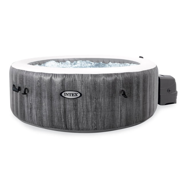 Intex 28439EP PureSpa Plus Greywood Inflatable Hot Tub Bubble Jet Spa, 77 x 28 inches, featuring a greywood laminate PVC exterior with a round design. This portable inflatable spa accommodates up to 4 people and includes 140 bubble jets for a soothing massage. Equipped with a built-in hard water treatment system, LED lighting, and headrests for added comfort. Includes an insulated cover, filter cartridges, thermal ground cloth, inflation hose, carry bag, floating chlorine dispenser, and test strip. Ideal for outdoor relaxation with a water capacity of 210 gallons and temperature range of 68-104°F.