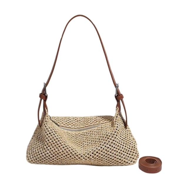 Leisure Woven Beach Handbag - PU Leather Straps, Zipper Closure, Inner Pockets, Crossbody/Shoulder Use, for Beach/Picnics/Vacations, Stylish & Compact