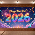 thumbnail image 5 of Colorful Fireworks 2026 New Year Banner Shiny Stars Happy New Year Display Champagne Glass Design Party Balloons 2026 Celebration Backdrop for New Year Party 2026 Celebration New Year Eve Event, 5 of 5