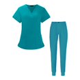 thumbnail image 2 of Milaget Uniform Scrub Set Top and Pants Soft Multi Pocket Unisex V Neckline Stretch Work Blue S, 2 of 9