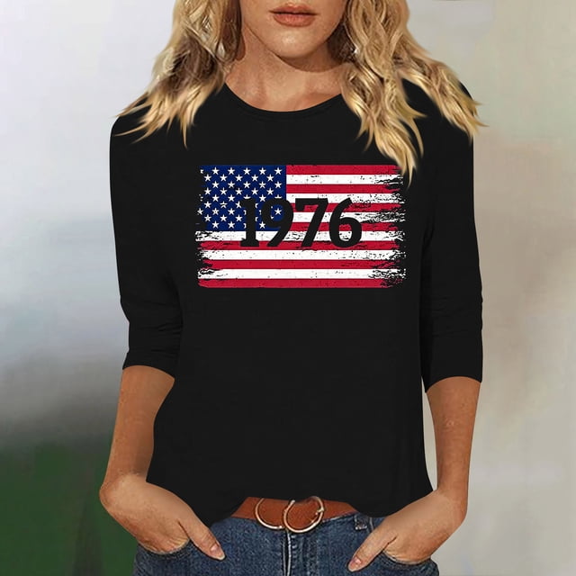 Uootdi Hauts pour Femmes Manches 3/4 Col Ras du Cou Imprimé Drapeau 1996 Coupe Décontractée Patriotiques Tenues du 4 Juillet Cadeau