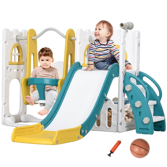 Qaba 6-in-1 Slide and Swing Set with Basketball Hoop, Climber, Yellow