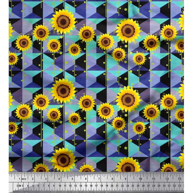 Soimoi Polyester Crepe Fabric Check,Dot & Sunflower Flower Print Fabric by The Yard 52 Inch Wide