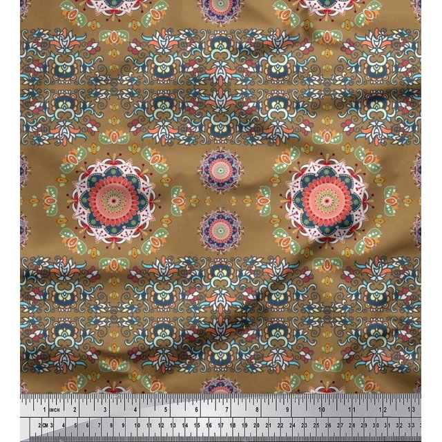 Soimoi Satin Silk Fabric Floral Mandala Printed Fabric 1 Yard 42 Inch Wide