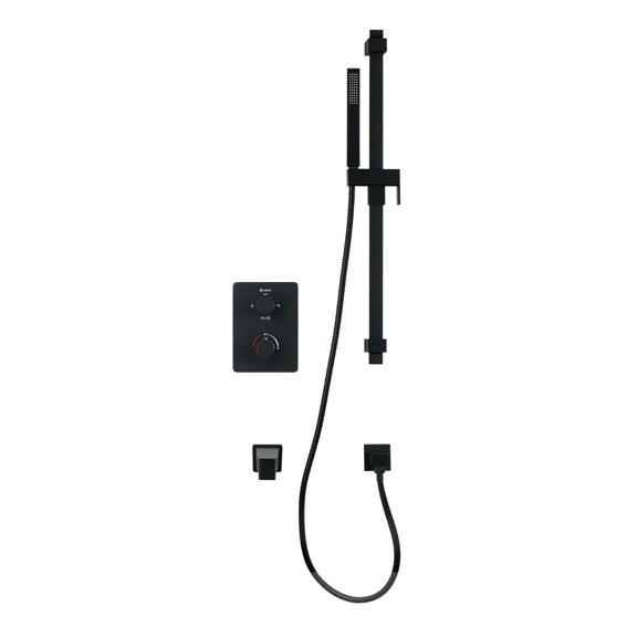 Square 3-functions thermostatic valve, Handheld shower, bath spout or both simultaneously, Matte black finish