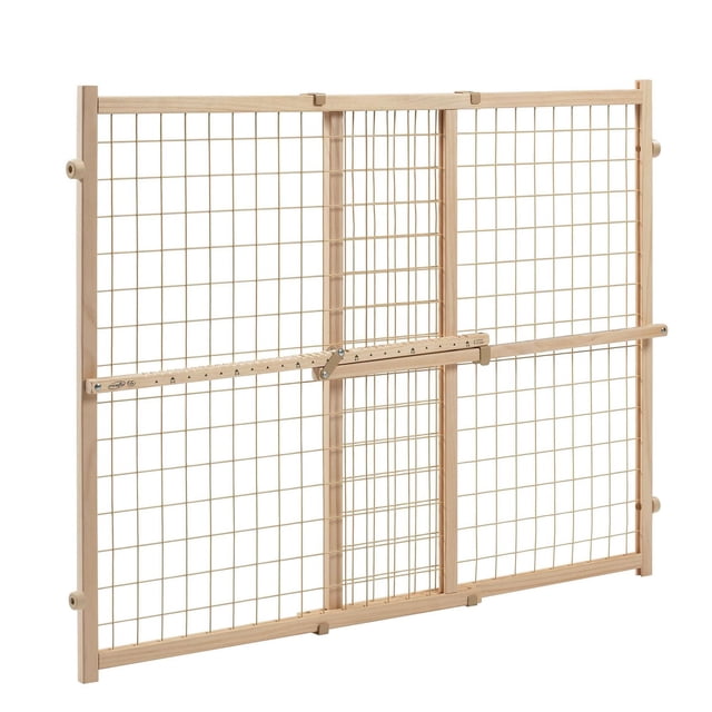 Evenflo Position & Lock Tall & Wide Baby/Pet Adjustable Gate with a natural wood frame and coated wire mesh, adjustable from 31 to 50 inches wide and 31 inches tall. This pressure-mounted gate features a horizontal locking bar for secure installation, ideal for blocking doorways and hallways to keep children and pets safe.