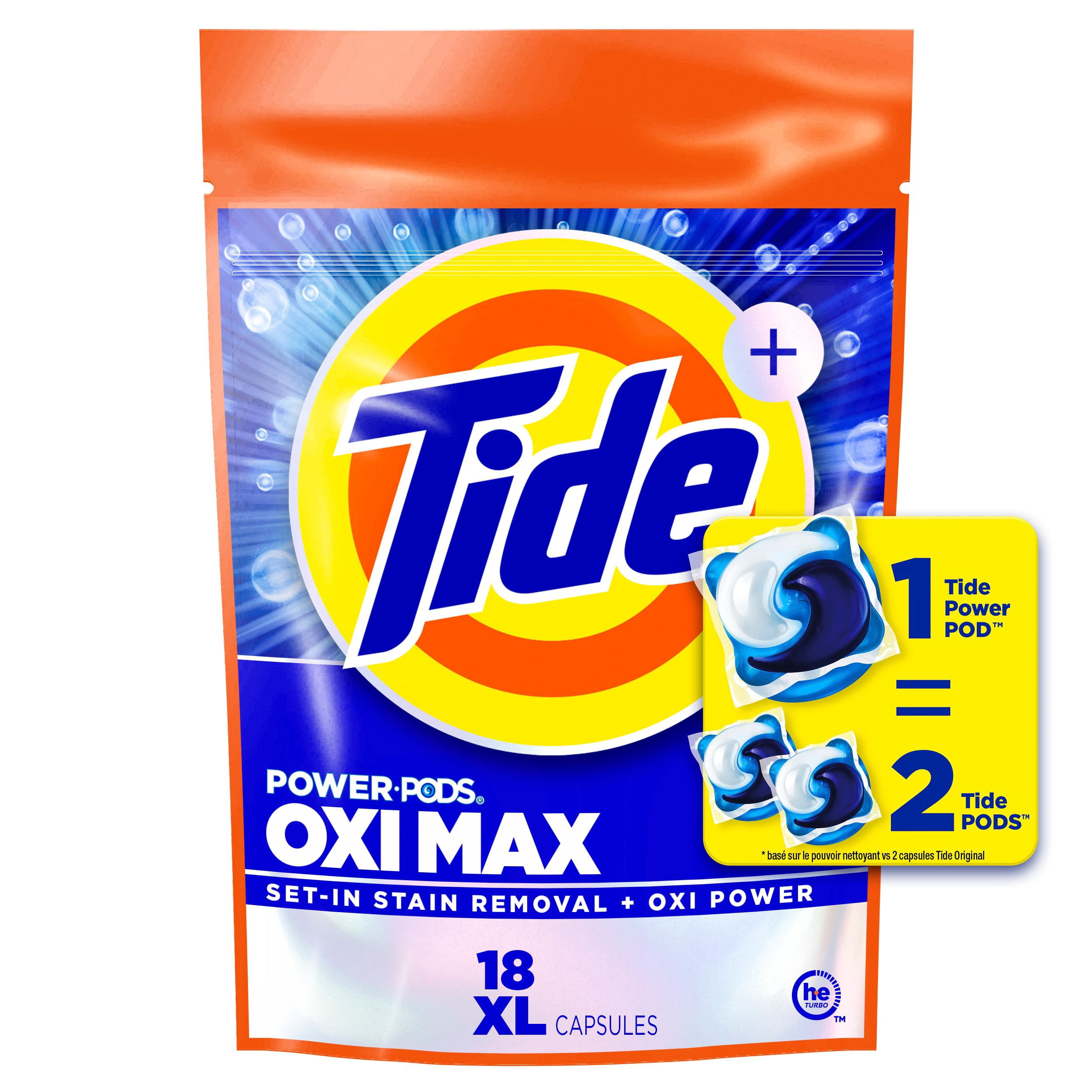 Capsules de détergent à lessive Tide Oxi Max Power PODS, Détachant plus Oxi Power, paquets de savon détergent pour lavage, compatible HE, 18 unités