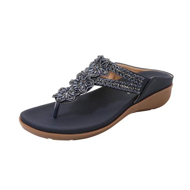 Sandales Rétro pour Femmes à Fleurs, Perles et Strass, Grande Taille, Mode Polyvalente, Pantoufles Douces et Confortables