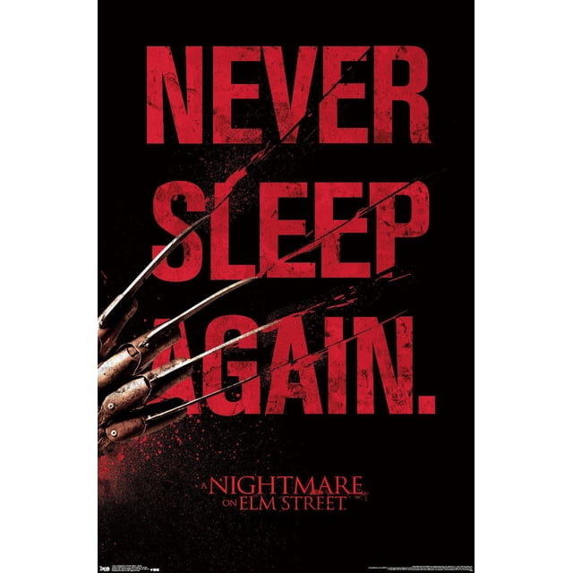 Un Cauchemar sur Elm Street - Affiche Murale de Sommeil, 22,375 Pouces x 34 Pouces Encadrée, avec Texte Rouge Audacieux « Ne Jamais Dormir de Nouveau. » sur Fond Noir et Gant en Métal Rouillé de Freddy Krueger avec Lames Tranchantes Traversant les Lettres, Convient à l'Art Mural à Thème Horreur.