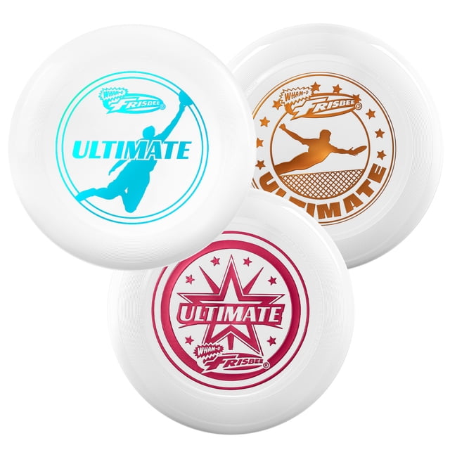 Wham-O Frisbee Official Ultimate 175g Flying Disc, 10.75 Inch, Professional Training, for Competition and Outdoor Fun -3 Pack centered front-facing shot of three stacked 10.75-inch PE discs showing smooth beveled rim and textured non-slip grip; 175g weight for stable flight in ultimate training and competition, plain white background. Often used as a practice disc for drills and pickup games.
