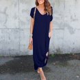 thumbnail image 4 of adviicd Robes pour Femmes 2024 Robes Décontractées pour Femmes Manches Courtes Col en V Cordon de Serrage Volant Décontracté Robe Mini Évasée Bleu Foncé,TTTTG, 4 of 5