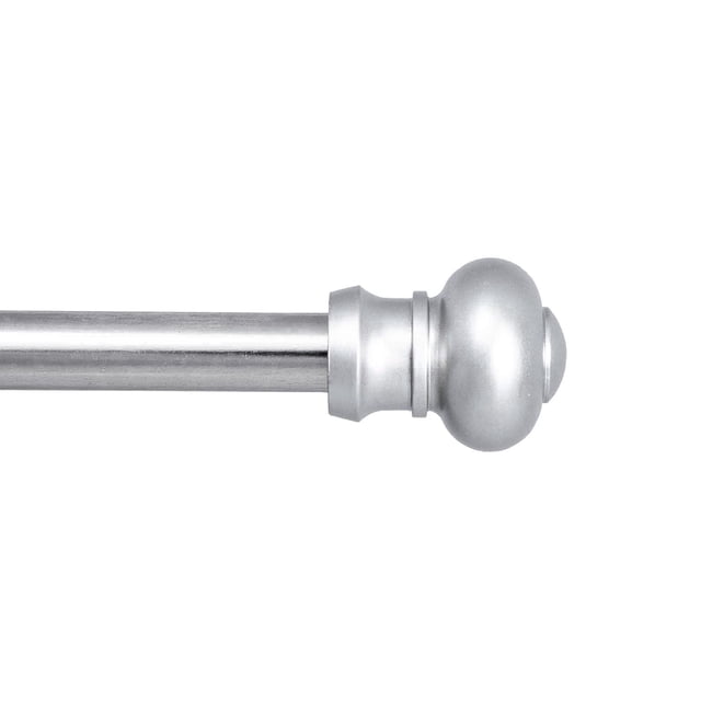 Mainstays 28-48" Decorative Café Window Curtain Rod with a silver 7/16-inch diameter metal telescoping rod, matching plastic knob finials, and included brackets with 3/4-inch clearance, suitable for smaller windows and lightweight curtains.
