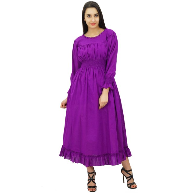 Bimba Robe Maxi Longue Décontractée en Coton pour Femme à Taille Smockée