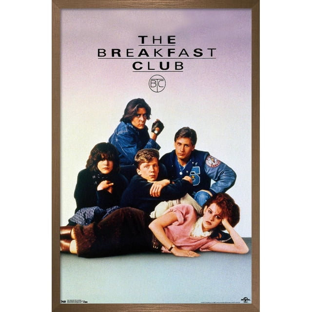 The Breakfast Club - One Sheet Wall Poster, 22.375" x 34", depicting five teenagers in 1980s casual attire posed together against a plain light background with the movie title in bold black letters above and the B/C logo below, ideal for decorating dorm rooms or bedrooms.