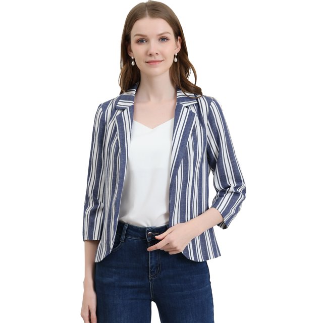 INSPIRE CHIC Blazer à Rayures pour Femme Manches 3/4 Décontracté Ouvert à l'Avant Revers Cranté Blazer S Bleu Blanc