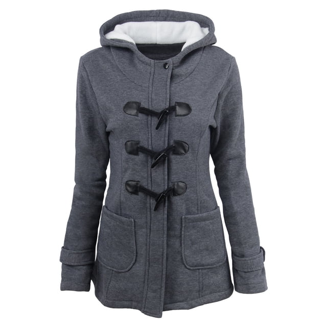 Fiogavroetic Women Color Horn Buttons Cardigan Padded Hooded Coat Jacket Overcoat
