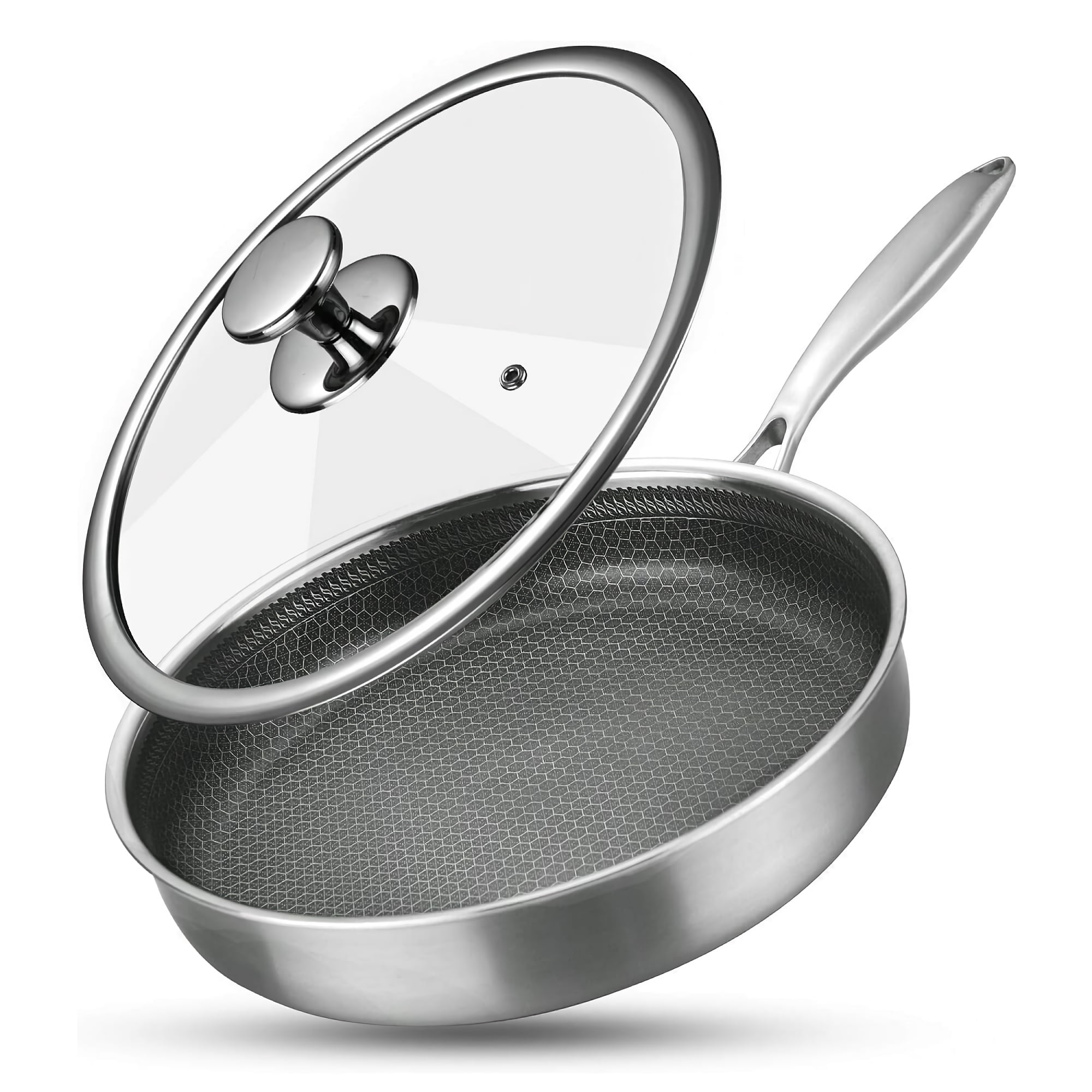 Intexca 12" Stainless Steel Non-Stick Frying Pan with Lid & Honeycomb Coating, Anti-Scratch