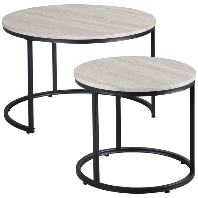 HOMCOM Round Nesting Tables Set of 2, including a larger and smaller table with grey MDF tabletops in a marble effect and black steel frames. These modern coffee tables are stackable for compact storage, ideal for living rooms or compact apartments.