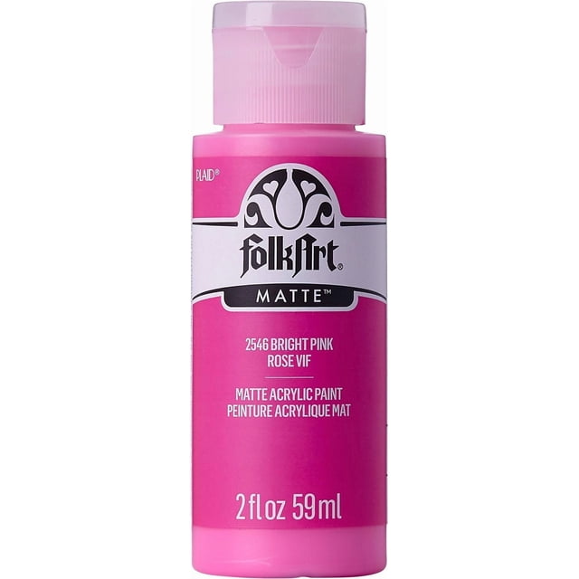 Folkart Matte Acrylic Craft Paint, 2 fl. oz., Bright Pink bottle with a ribbed pink flip-top cap, containing artist-quality matte acrylic paint ideal for arts and crafts on wood, canvas, and paper surfaces.