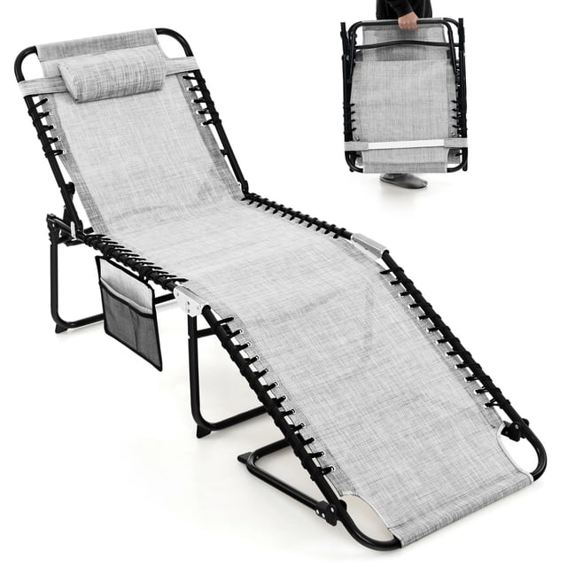 Gymax Folding Chaise Lounge Portable Lay Flat Reclining Chair in gray, designed for outdoor use with a 4-level adjustable backrest, detachable headrest, and side pocket. Made with breathable quick-dry fabric and a sturdy metal frame featuring anti-slip footpads. Compact folding design ideal for patio, poolside, or camping.