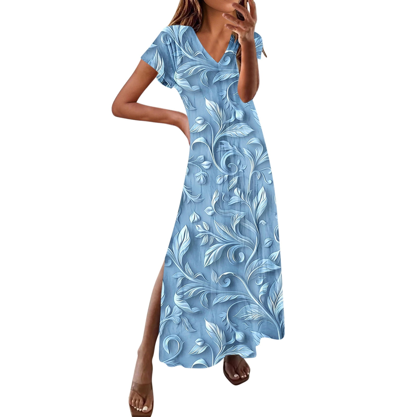 UPPADA Robe Maxi à Col en V pour Femme, Imprimé Floral, Robe d'Été Décontractée à Manches Courtes, Style Bohème, Robe de Plage avec Fente Latérale, Robe de Cocktail pour Fête, Longues Robes pour Invitée de Mariage, Bleu Pâle, TTTG