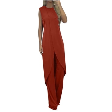Women's Two Piece Outfits Two Piece Pants Sets Clothing Set Female Round Neck Sleeveless Tops Pants Sets Full Pant Style S_953 Women's Tracksuits Red L