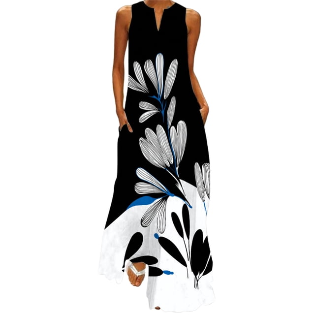 Bellella Robe Longue Maxi pour Femmes, Robe Débardeur à Col en V, Imprimé Floral, Robe d'Été de Plage, Ample, Sans Manches, Style de Fête, C 4TG