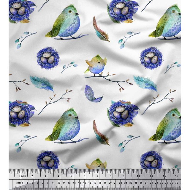 Soimoi Rayon Fabric Nest,Feather & Artistic Bird Printed Fabric 1 Yard 42 Inch Wide